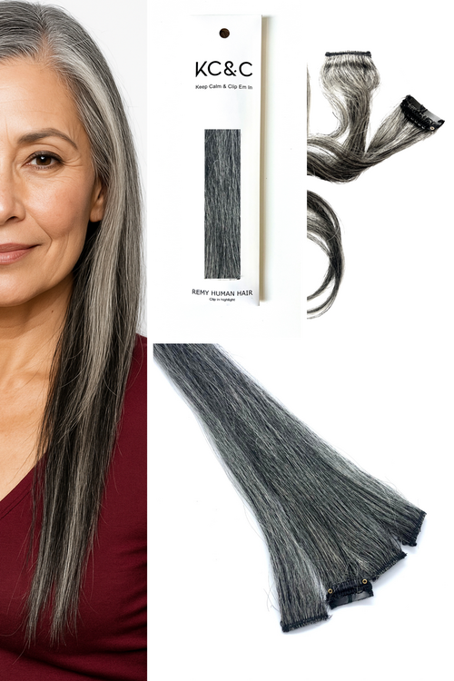 SALT AND PEPPER GREY CLIP-IN HAIR EXTENSION HIGHLIGHTS SET OF 4 PCS